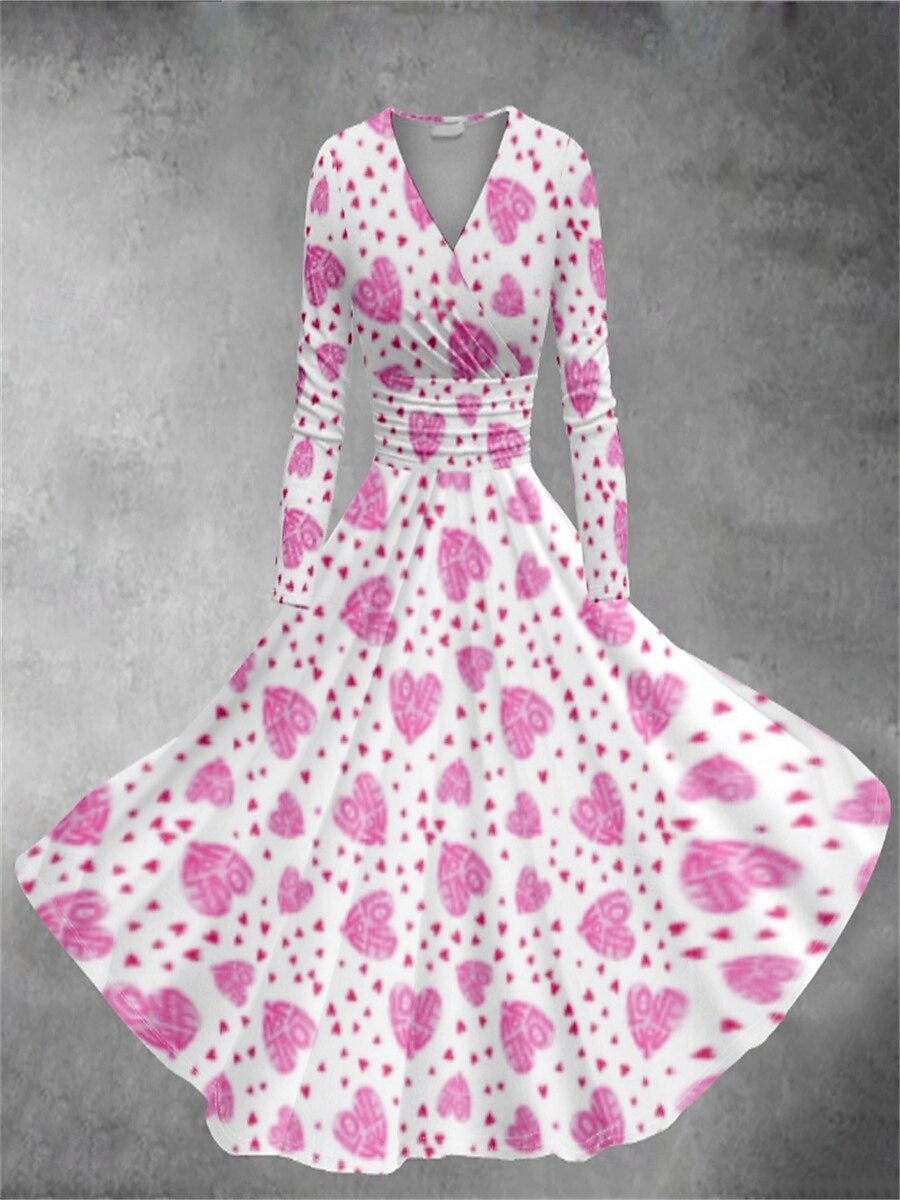 Women's Valentine Heart Dress Graphic Print V Neck Dolman Sleeve Midi Dress  Vintage Valentine's Day Daily Long Sleeve Spring Fall 2026 - CAD $38.99
