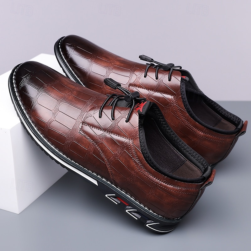 Men's Brown Crocodile Pattern Faux Leather Dress Shoes with Lace-Up Closure and Comfortable Sole, Elegant for Business and Formal Occasions 2025 - $46.99 –P6