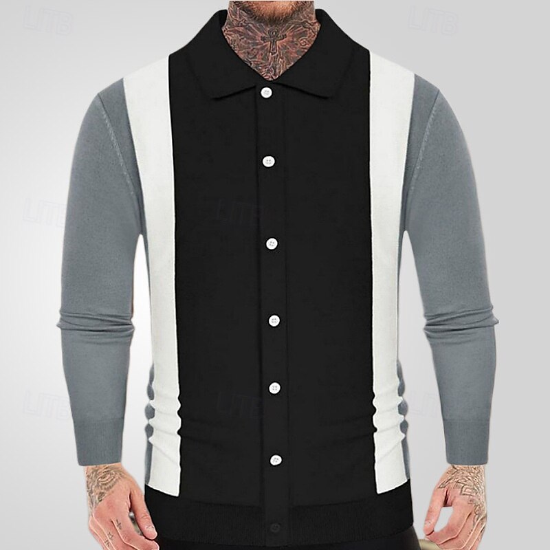 Herren Polos mit Knöpfen Golfhemd Casual Sport Kargen Langarm Modisch Basic Farbblock Patchwork Knopf Frühling Herbst Schwarz Blau Polos mit Knöpfen 2025 - $28.99 –P6