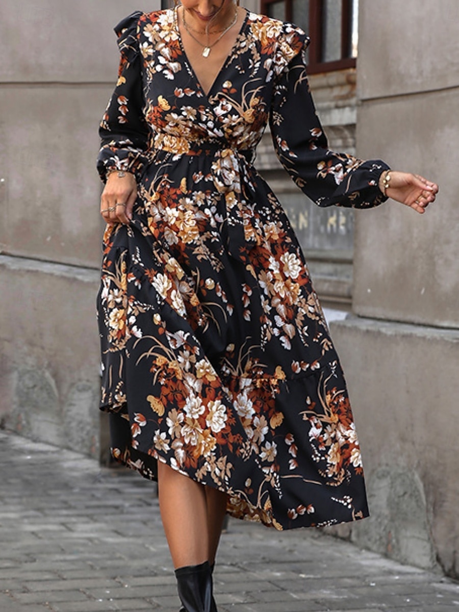 Per donna Vestito longuette Abito casual Vestito svasato Abito linea A Moda Informale Da mare Giornaliero Standard Floreale Manica lunga A V Nero Primavera Autunno del 2025 a $51.99 –P7