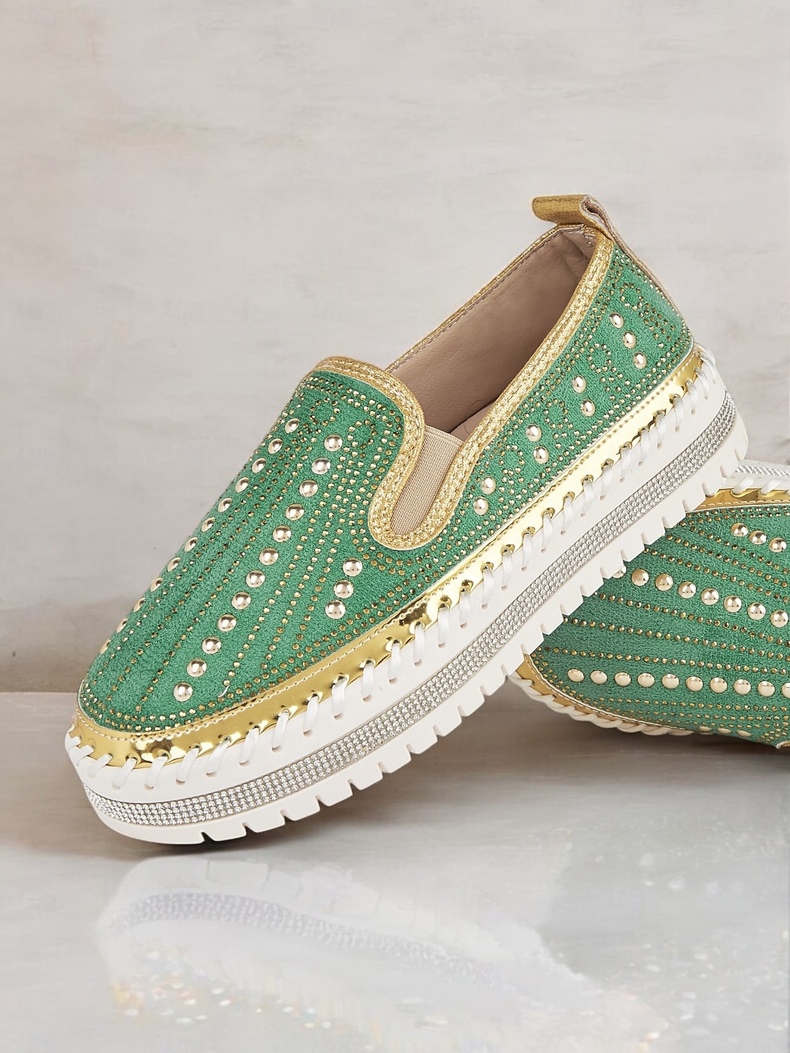 Grüne Slip-On-Sneakers mit Strasssteinen und dicker Sohle für Damen – glamouröse Freizeitschuhe für Partys und den Alltag 2025 - $42.99 –P3