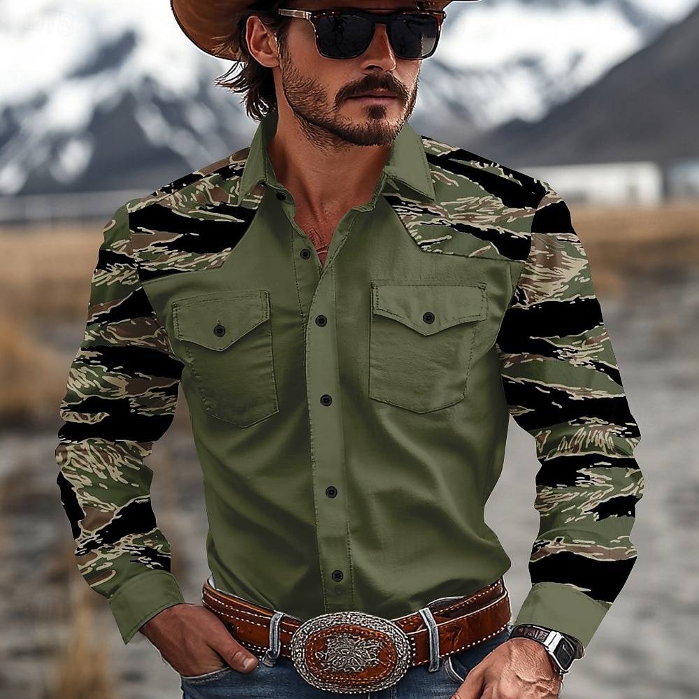 Herren camuflaje Tarnfarben Westernhemd Cowboy-Shirt Langarm Western Brautkleider schlicht Outdoor Frühling Herbst Umlegekragen 2 Taschen Schwarz Braun Grün Khaki 2025 - $13.79 –P1