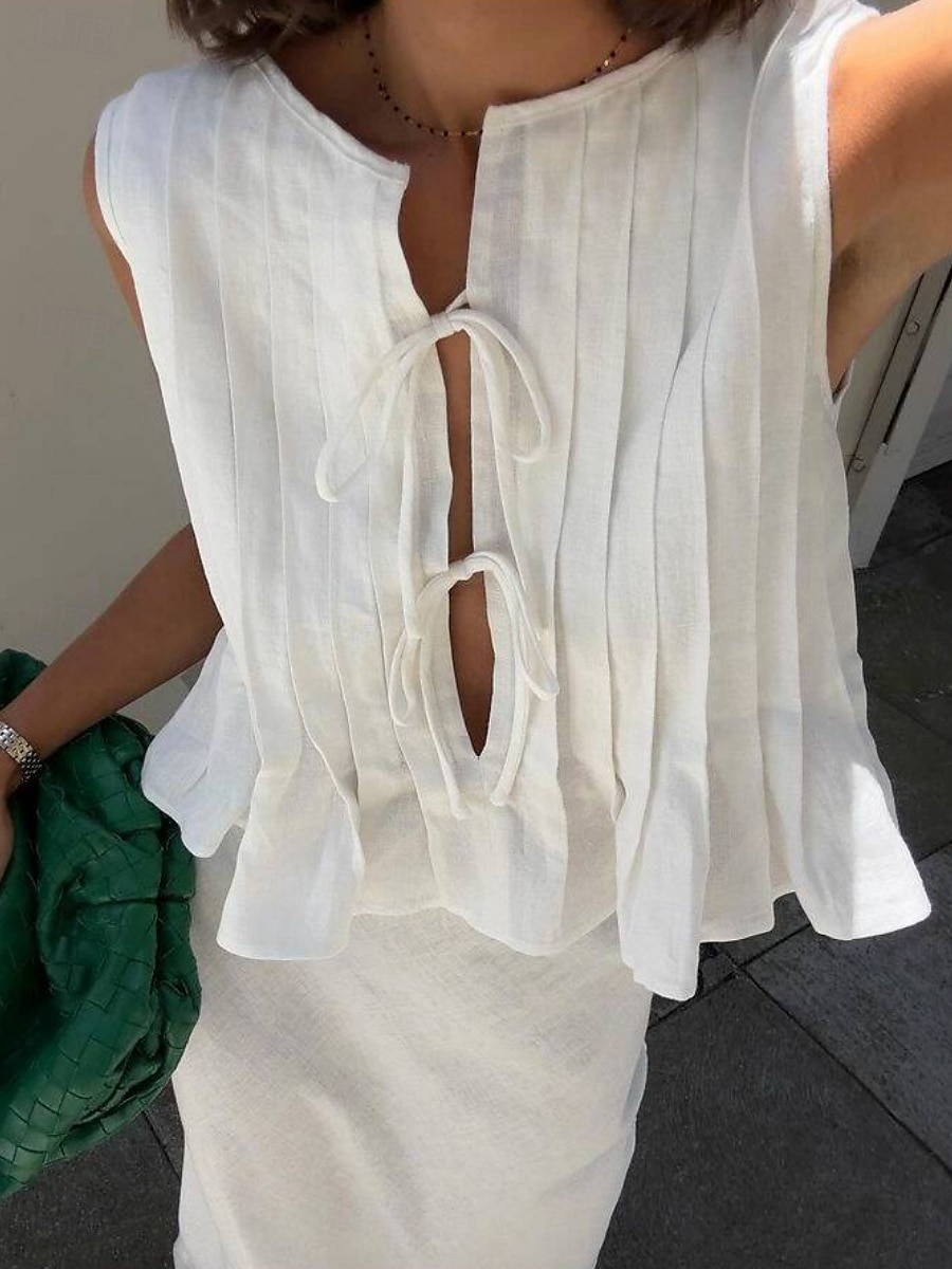 Per donna Abbottonare Camicia in cotone e lino Tinta unica Essenziale Casual Senza Maniche Girocollo Top Regolari Quotidiano Volant Nero Bianco Rosso Estate Primavera del 2025 a $34.99 –P1