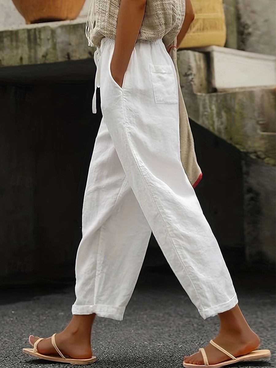Femmes Short en coton et lin Pantalon inspiré du lin Pantalon en coton et lin Simple Classique & Intemporel Longueur complète Taille haute Couleur Unie Patchwork Avec Poches Cordon de serrage de 2025 ? $21.99 –P3