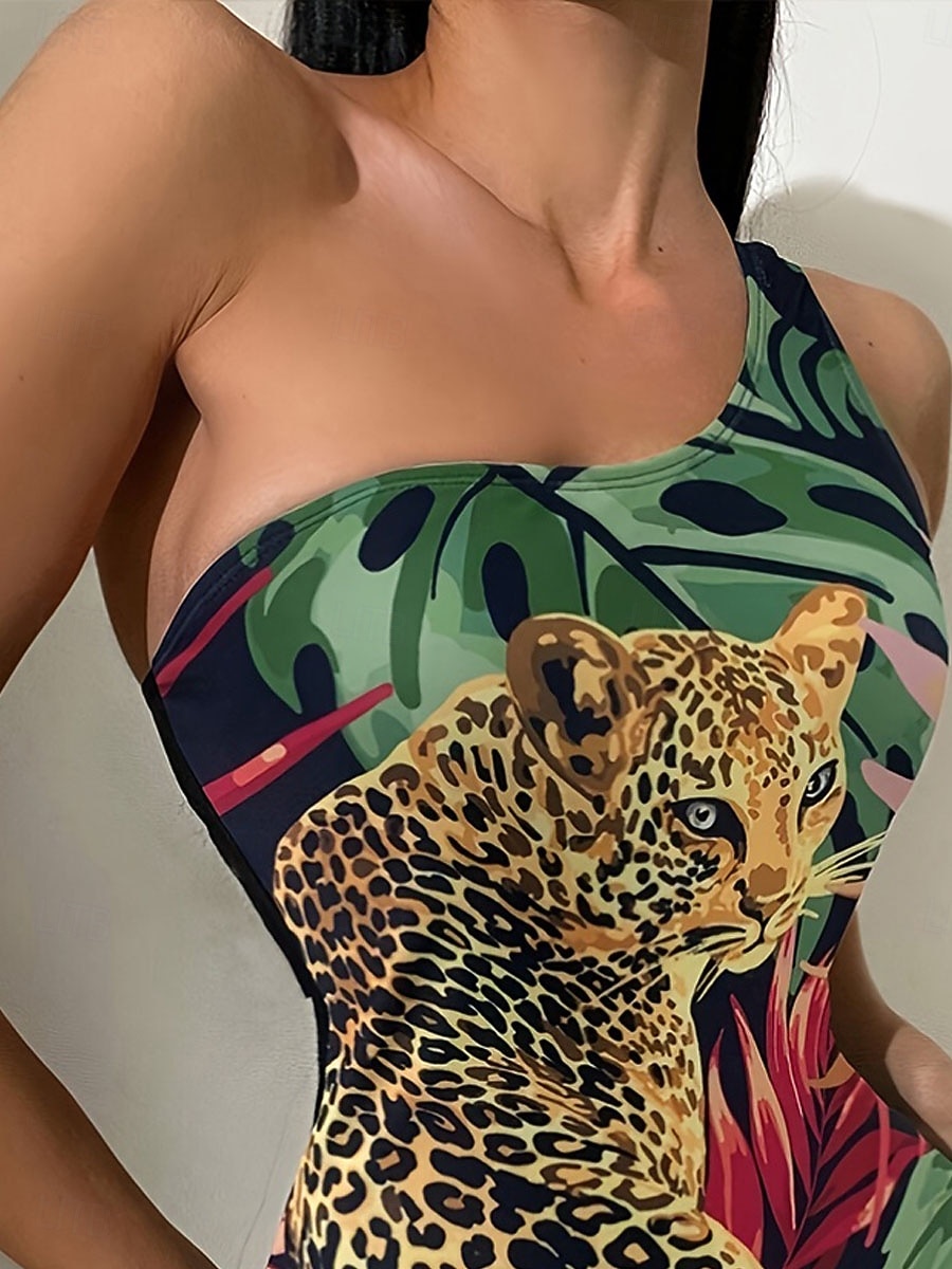 Costume da bagno intero da donna snellente monokini abbacchiato controllo pancia alto a vita snellente abbigliamento da spiaggia per le vacanze foglie scollatura asimmetrica senza maniche costumi da del 2026 a $28.99 –P3