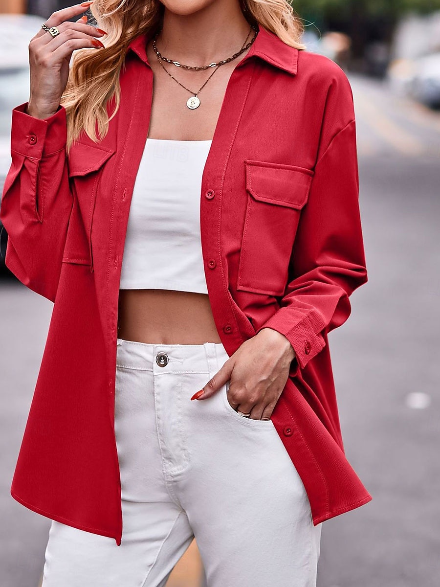Dames Overhemd Effen Kleur Stijlvol Casual Lange mouw Overhemdkraag Normale tops Feest Werk Dagelijks Zak Leger Groen Rood Kameel Lente Herfst Winter 2025 - $24.99 –P2