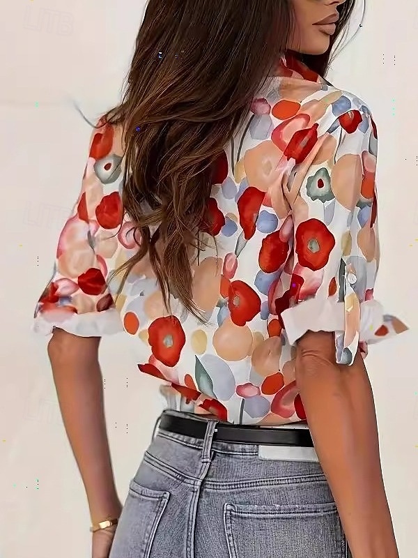 Damen Hemd Bluse Blumen Graphic Elegant Stilvoll Brautkleider schlicht Langarm Hemdkragen Normale Oberteile Arbeit Täglich Festtage Knopf Rote Sommer Frühling 2025 - $25.99 –P2