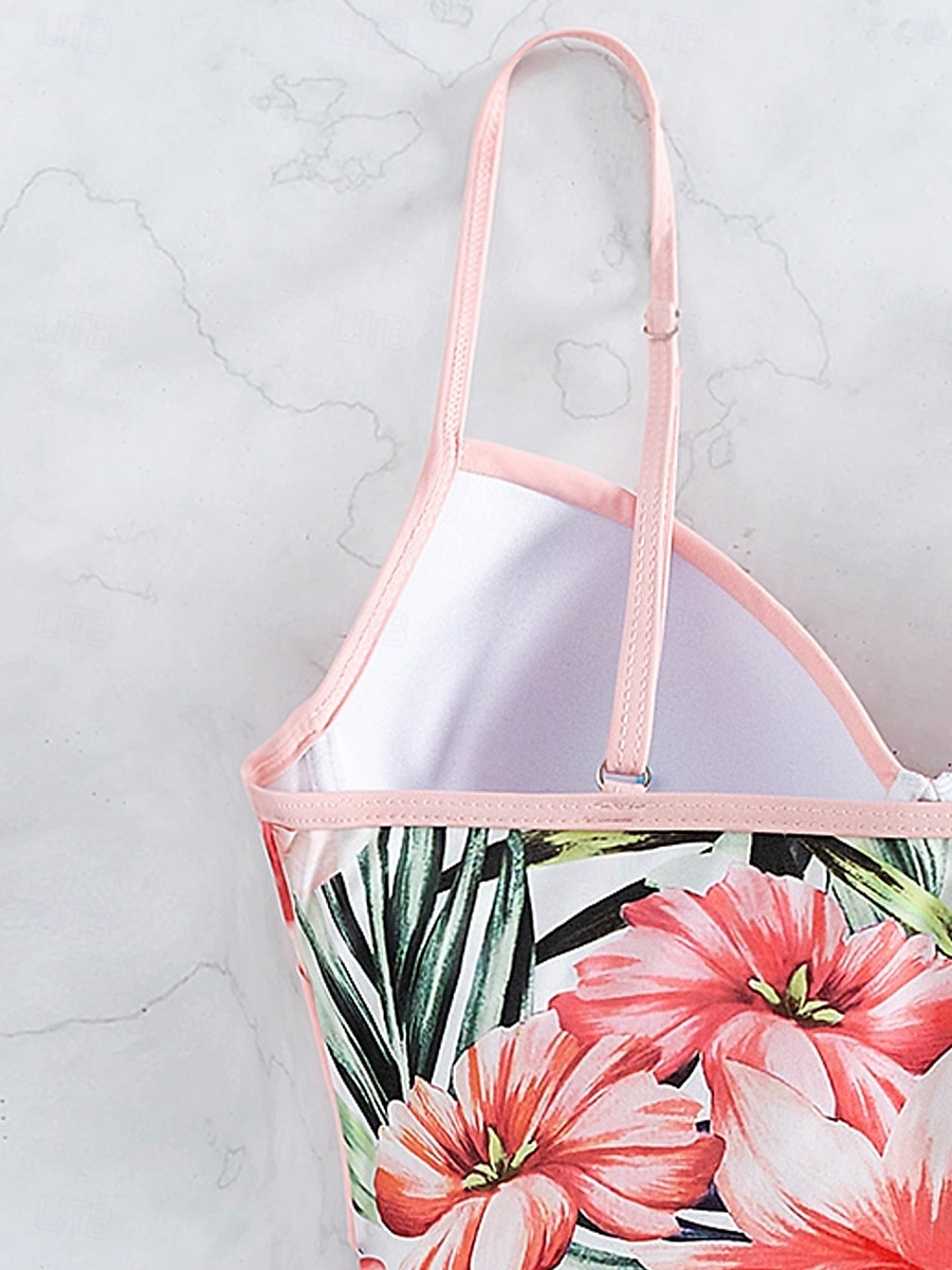 Dam Badkläder En bit Monokini Baddräkt Öppen rygg Magkontroll Hög midja Smal Semester Standkläder Blommig V-hals Ärmlös Baddräkter 2025 - $27.99 –P6