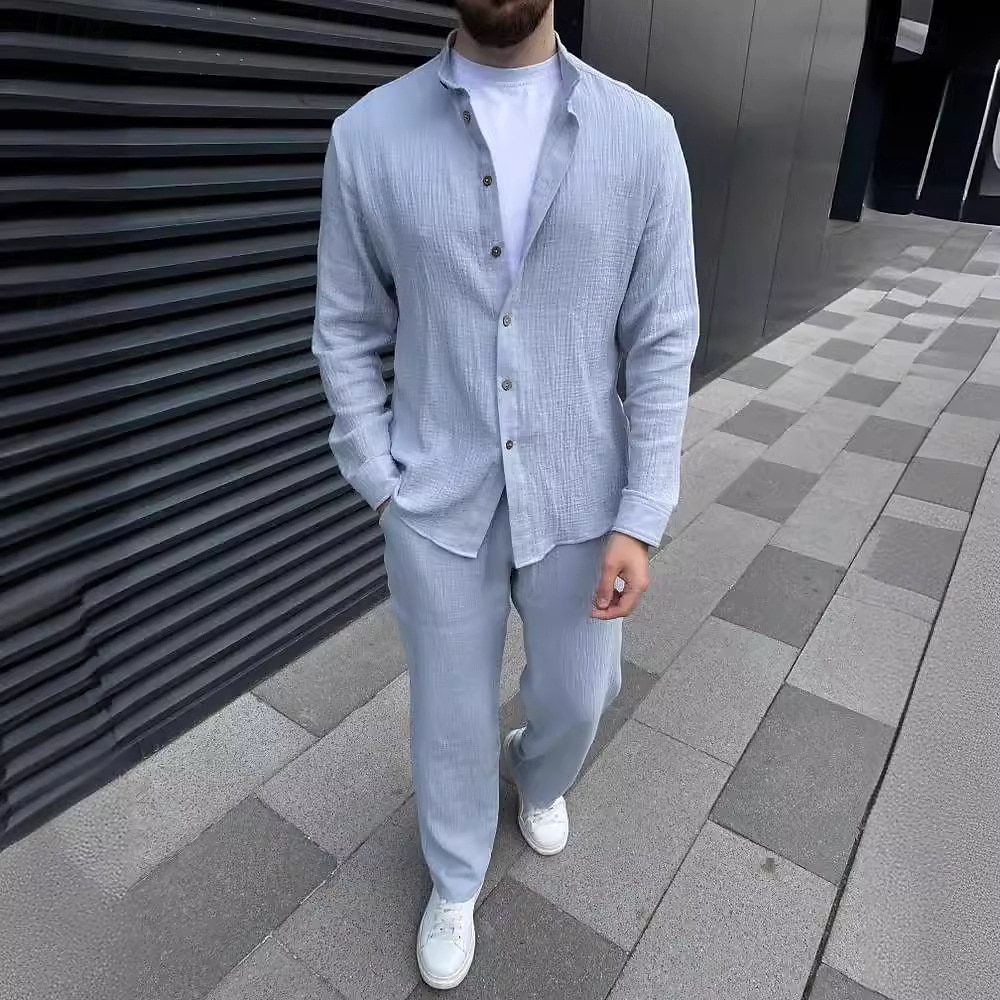 Herr 2 delar Skjorta set Matchande set Casual skjorta Knapp upp skjorta Svart Vit Blå Grön Khaki grön Långärmad Slät Bandkrage Semester Dagligen Kläder Mode Ledigt 2025 - $45.99 –P2