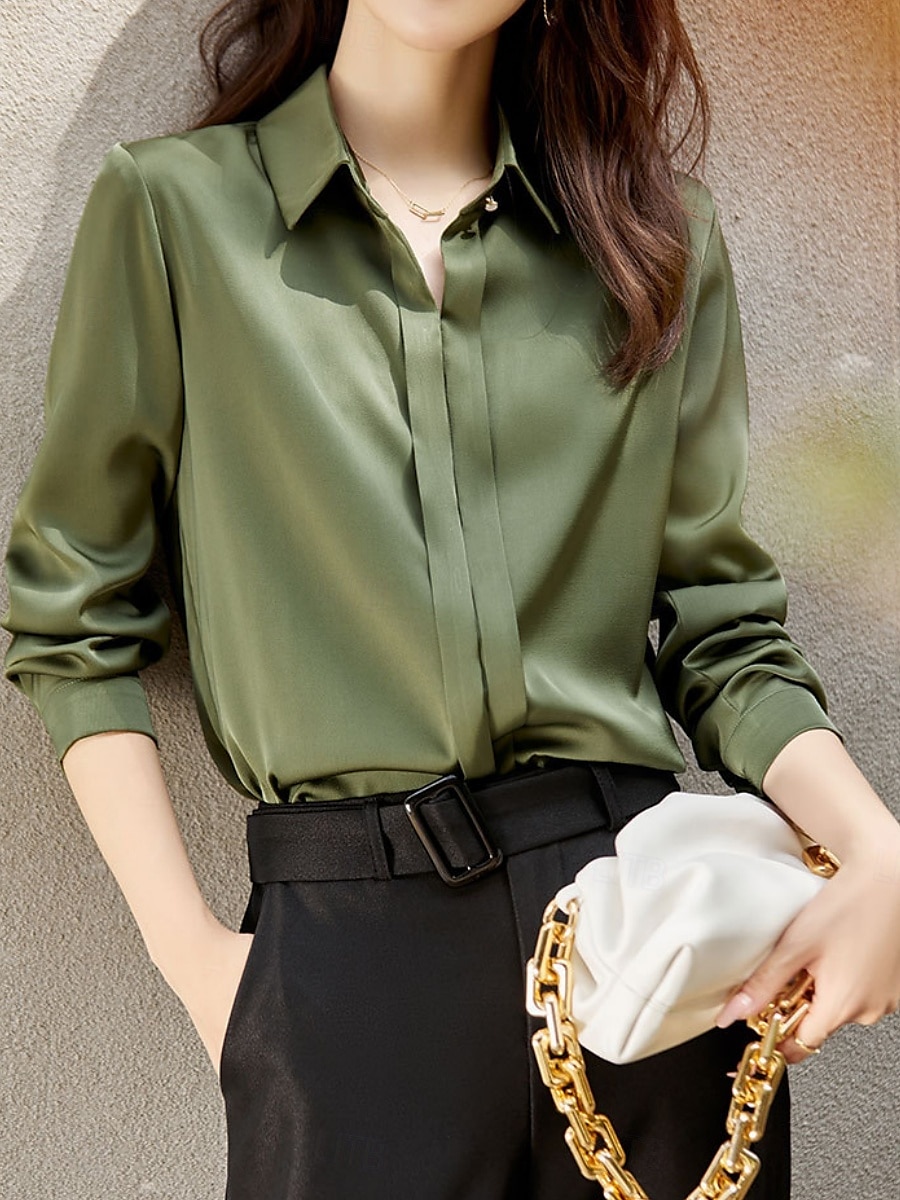 Dames Overhemd Blouse Effen Kleur Basic Casual Lange mouw Overhemdkraag Normale tops Dagelijks Knop Wit Groen Grijs Herfst Winter 2025 - $36.99 –P2