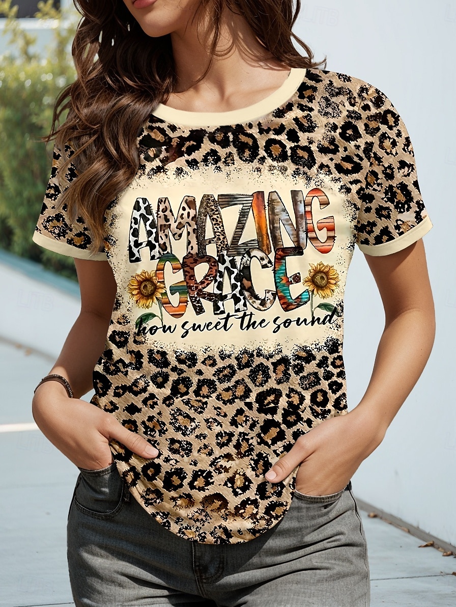 Dam T-shirt Leopard Bokstav Ledigt Kortärmad Rund hals Vanliga toppar Dagligen Mönster Brun Sommar 2025 - $19.99 –P3