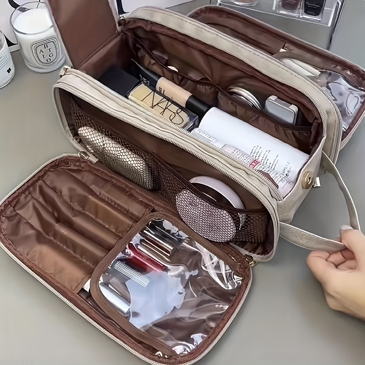 Large-Capacity Travel Cosmetic Bag, Multifunctional Makeup Organizer with Brush Holder, Portable Toiletry Storage Bag for Women 2025 - $8.99 –P1