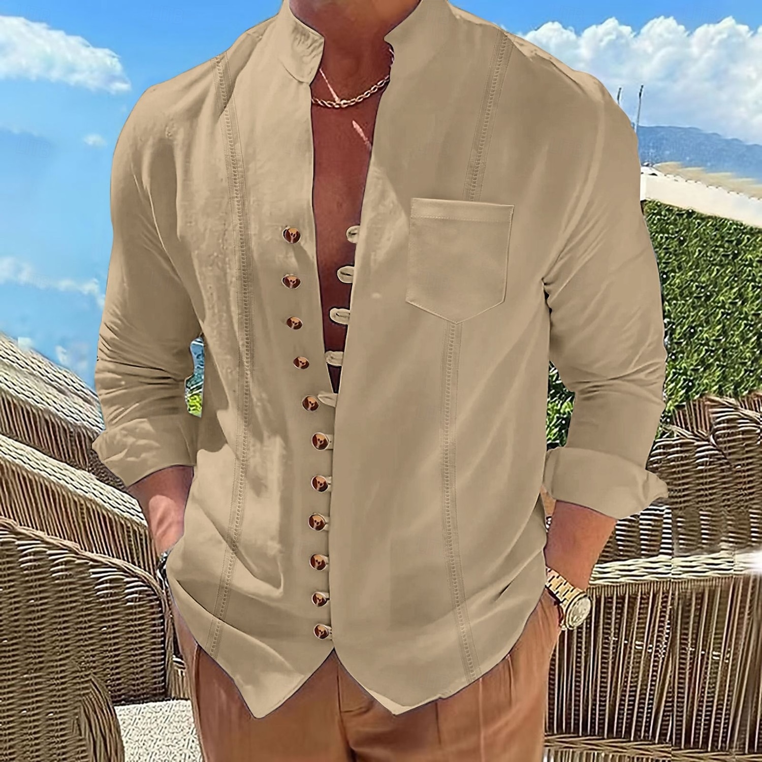 Per uomo Camicia Camicia di lino Camicia Guayabera Camicia Estiva Camicia casual Camicia con Bottoni Semplice Vacanza Crociera Nero Bianco Rosa Cachi Manica Lunga Colletto alla coreana Estate del 2025 a $26.99 –P1
