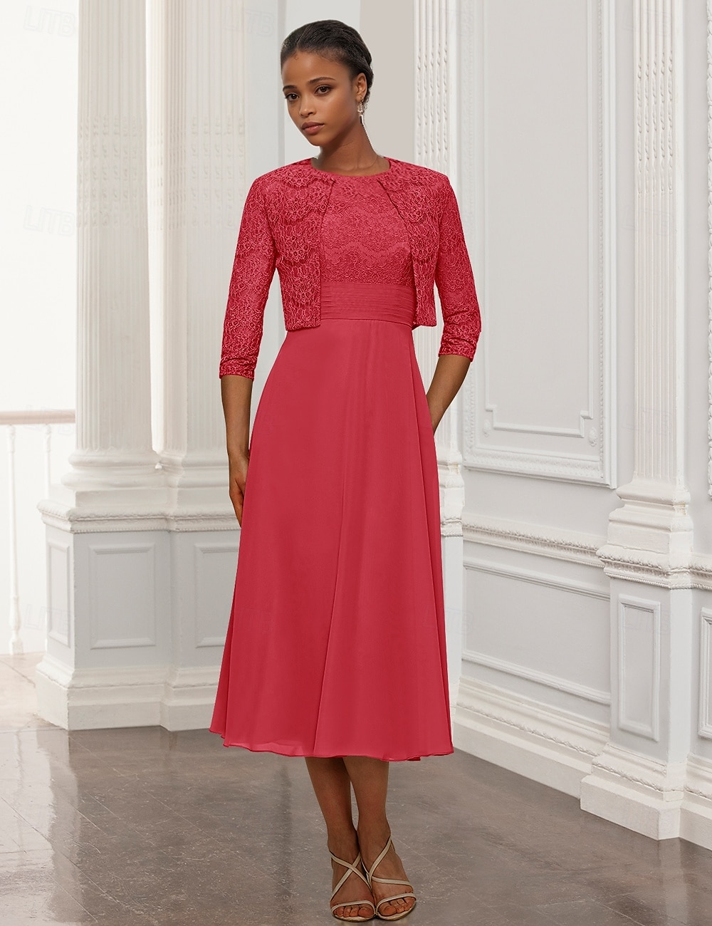 Robe 2 pièces Sheath  Colonne Mère de la mariée Robe Élégante Simple Col bijou Longueur genou Tissu extensible Veste à manches 3/4 Robes avec appliques brodées de 2025 ? $180.99 –P3