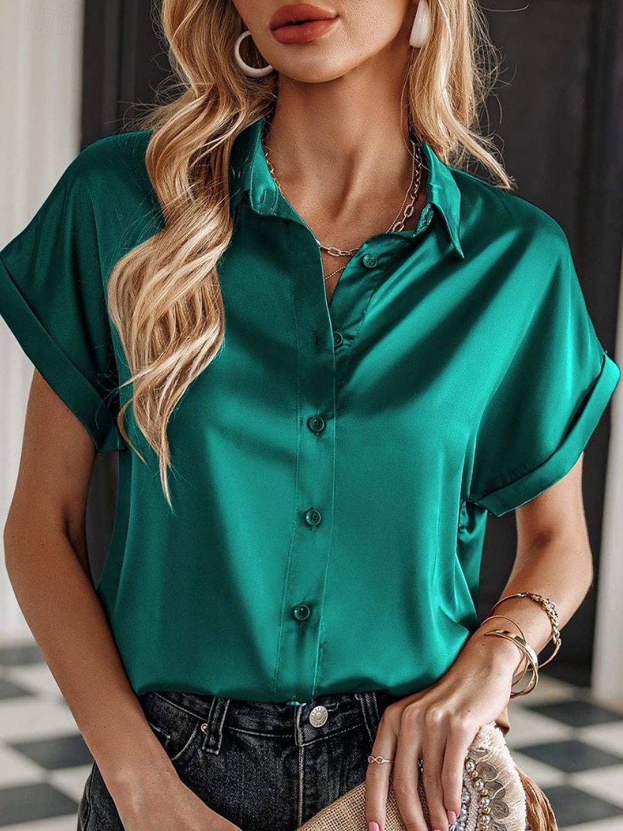 kvinners valentine skjorte bluse business ensfarget vanlige topper kortermet skjorte krage knapper normal passform arbeid formell moderne fritidsklær rød grønn grå sommer 2025 - $27.99 –P6