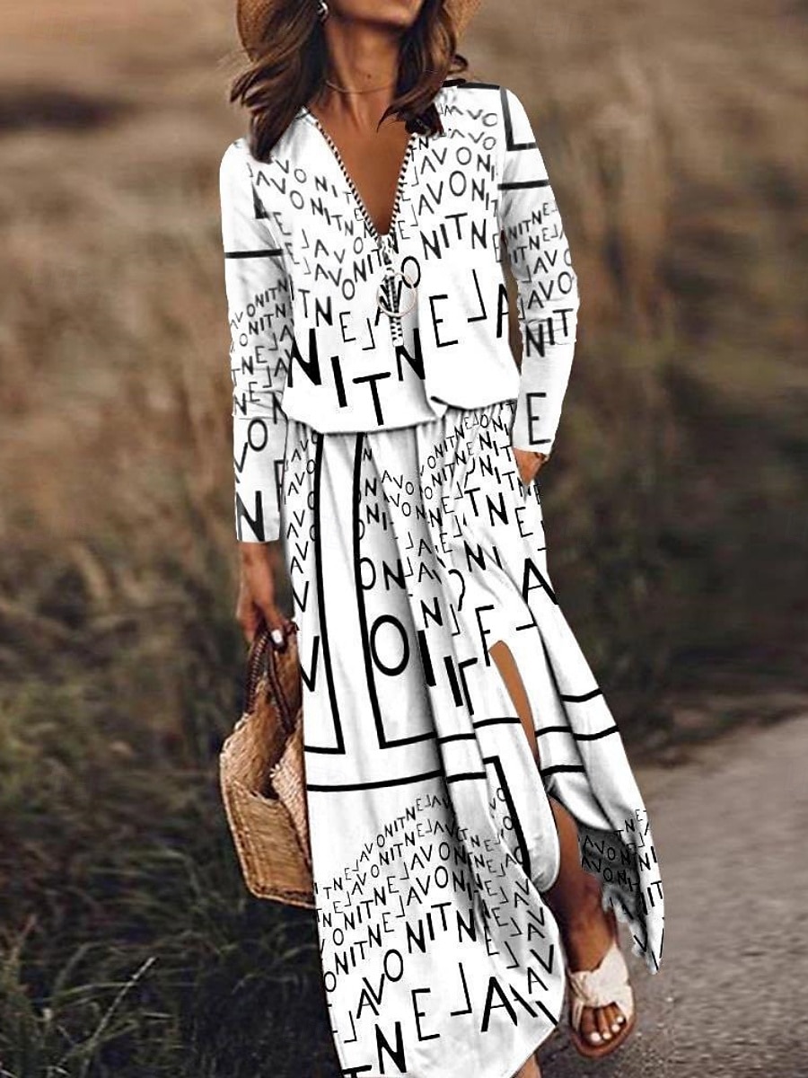 Damen Maxidress Casual kleid A Linie Kleid Stilvoll Brautkleider schlicht Urlaub Täglich Regular Fit Glatt Buchstabe Langarm V Ausschnitt Weiß Rosa Khaki Frühling Herbst 2025 - $35.99 –P3