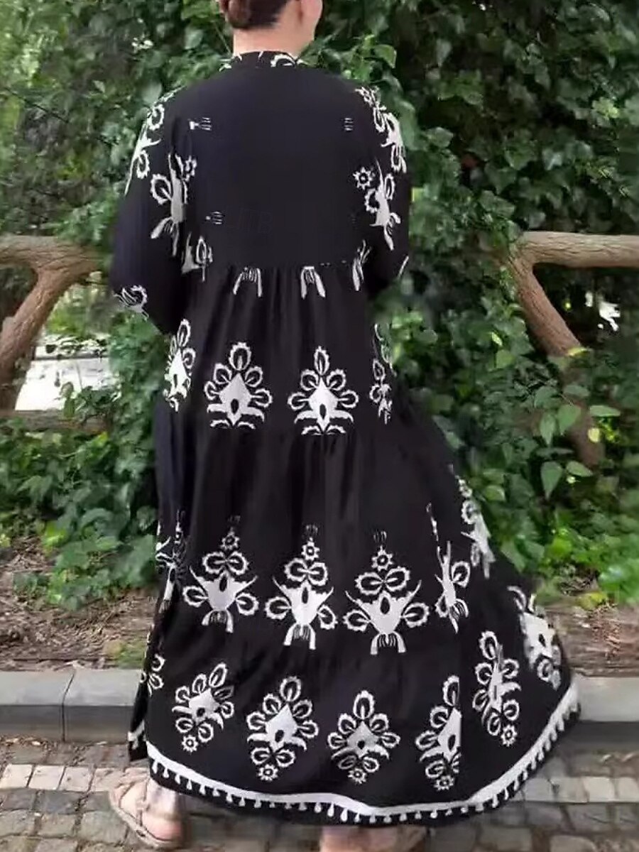 Women's Maxi Dress Casual Dress Swing Dress Boho Dress Vintage Ethnic Casual Vacation Daily Regular Fit Floral Long Sleeve Notched Neck Black White Spring Fall 2025 - $49.99 –P9
