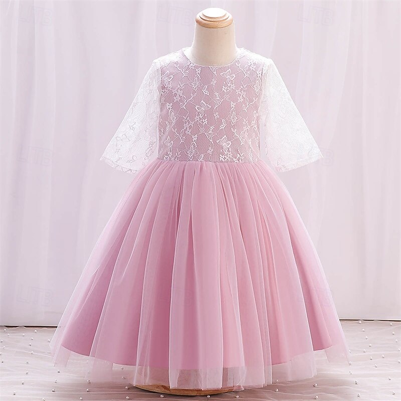 Blomsterpikekjole Barn Jente Prinsesse kjole Ytelse Bryllup Fest Elegant Vakker Netting Helfarge Kortermet Crew-hals Rosa 4 år + 2025 - $38.99 –P1
