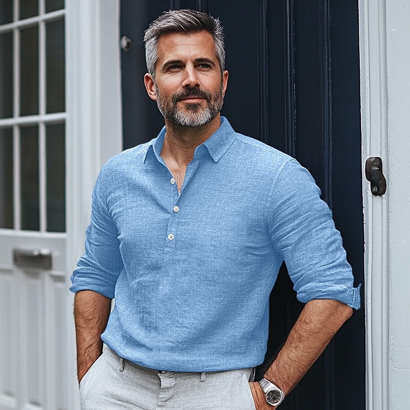 Voor heren Overhemd linnen overhemd Zomer overhemd Strand Kleding Effen Vakantie Casual Zwart Wit blauw Groen Lange mouw Revers Lente zomer Kleding 2025 - $26.99 –P7