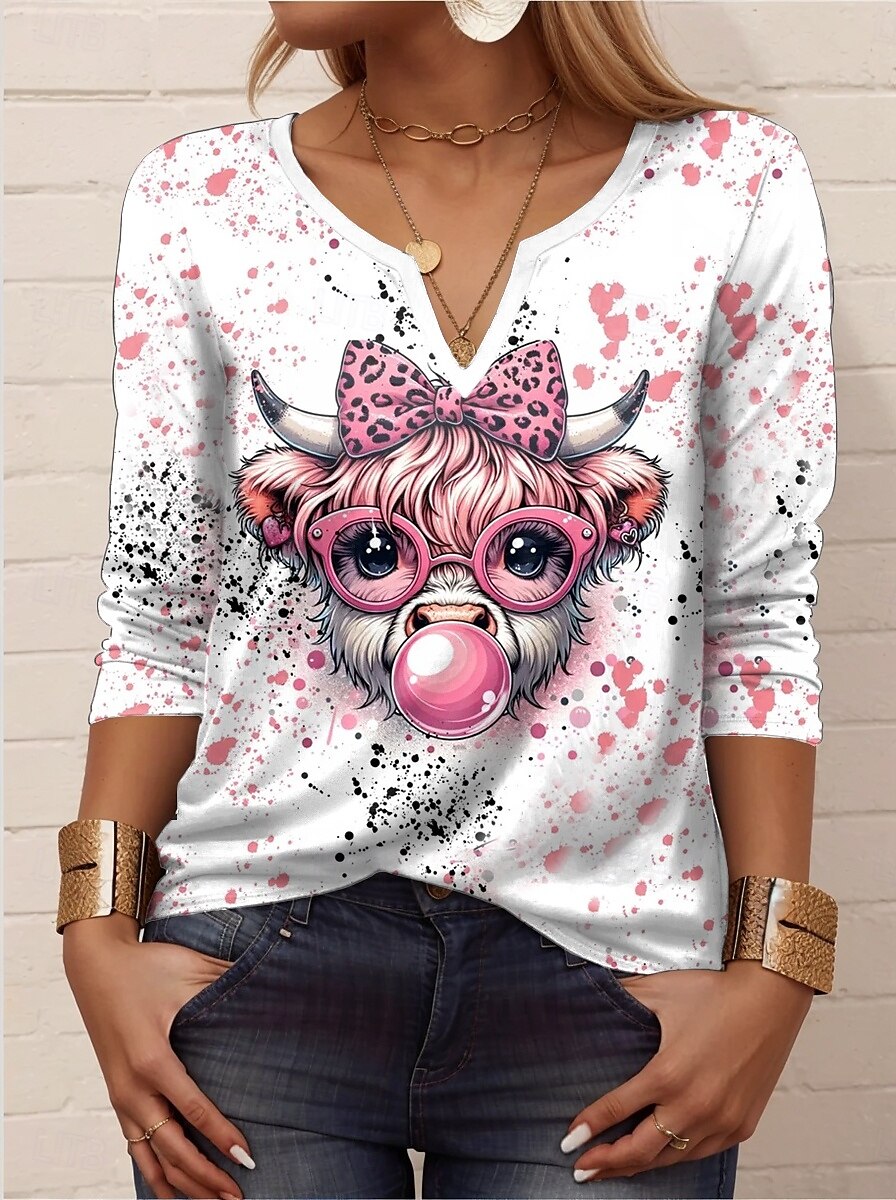 Femme T shirt Animal Décontractées manche longue Col cranté Hauts réguliers du quotidien Imprimer Blanche Printemps Automne de 2025 ? $27.99 –P2