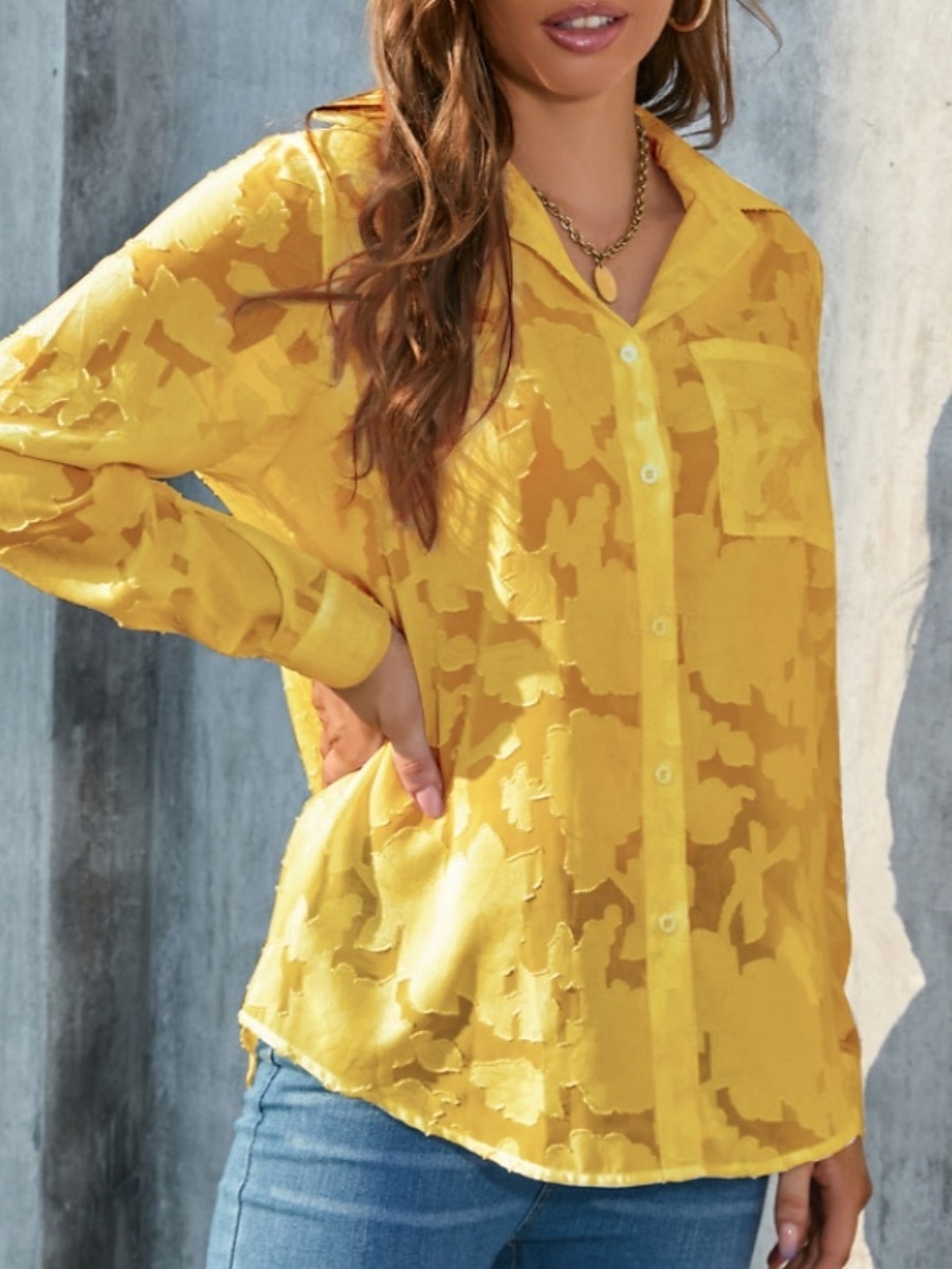 Kvinners hvite elegante blonde topper øyelet bluse uformell ensfarget vanlig topper lang erm skjortekrage knapper lomme vanlig passform daglig romantiske petite topper sommerferie slitasje hvit gul 2025 - $21.99 –P8