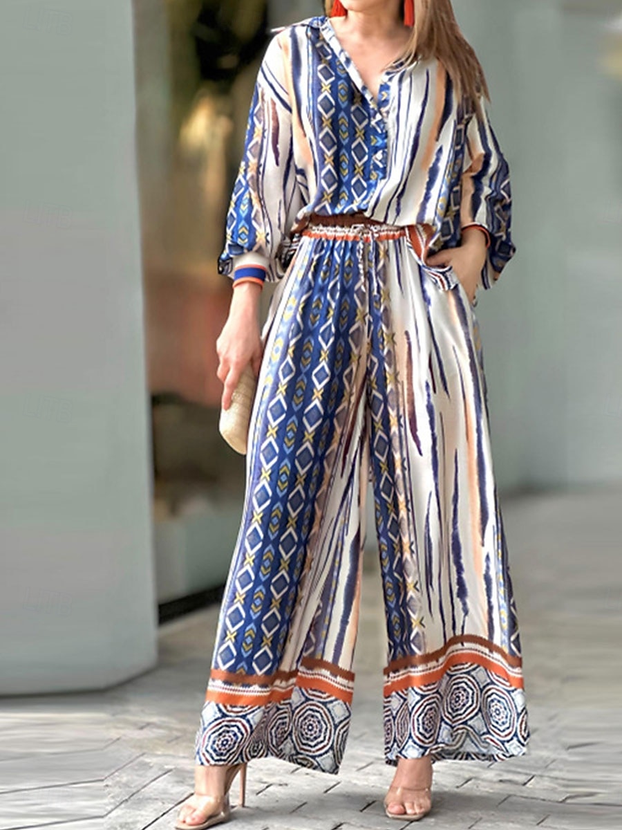 Damen Modisch Strassenmode Bluse Hose mit weitem Bein Langarm Hemdkragen Geometrisch Formal Party Arbeit Weiß Herbst Lockere Passform 2025 - $42.99 –P5