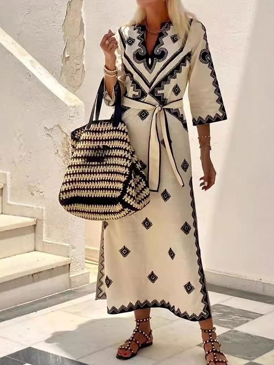 Damen Maxidress Boho Chic Kleider A Linie Kleid Elegant Böhmen Kuschelig Urlaub Täglich Strand Regular Fit Graphic Halbe Ärmel V Ausschnitt Grün Beige Grau Herbst Winter 2025 - $33.99 –P3