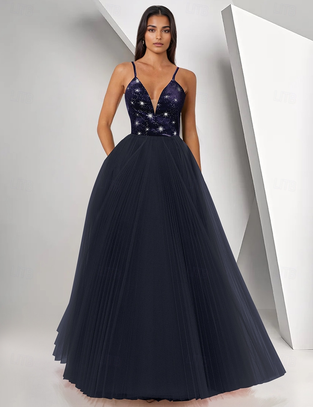 večerní šaty řadové řady elegantní šaty formální ples délka k zemi bez rukávů tyl s výstřihem do V s perličkami flitr 2025 2025 - $173.99 –P3