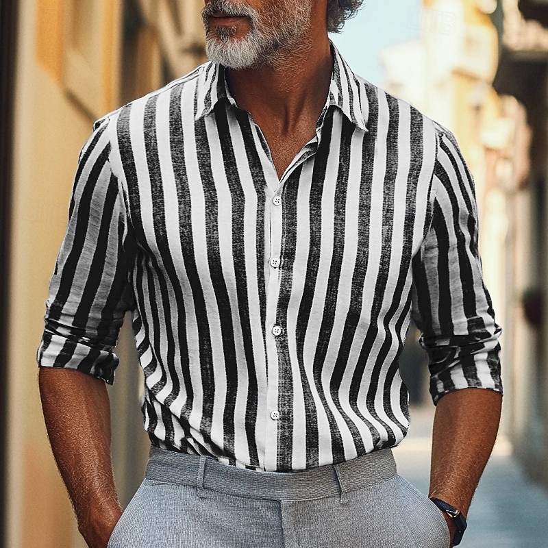 Hombre Camisa camisa de lino Camisa de verano Ropa de playa Abotonar la camisa A Rayas Fiesta Calle Negro Rojo Azul Piscina Gris Ligero Manga Larga Cuello Verano Ropa 2025 - $26.99 –P6