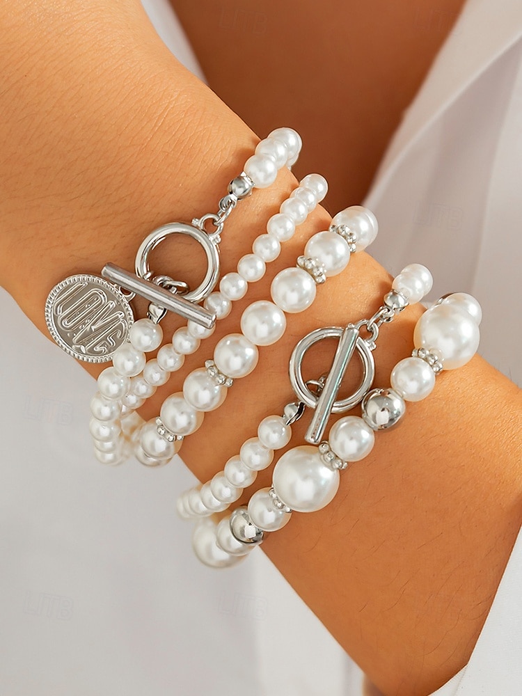 Juego de pulseras de perlas de imitación para mujer con detalles dorados, diseño elegante de múltiples capas, joyería de moda para bodas, fiestas y eventos formales. 2025 - $4.99 –P2