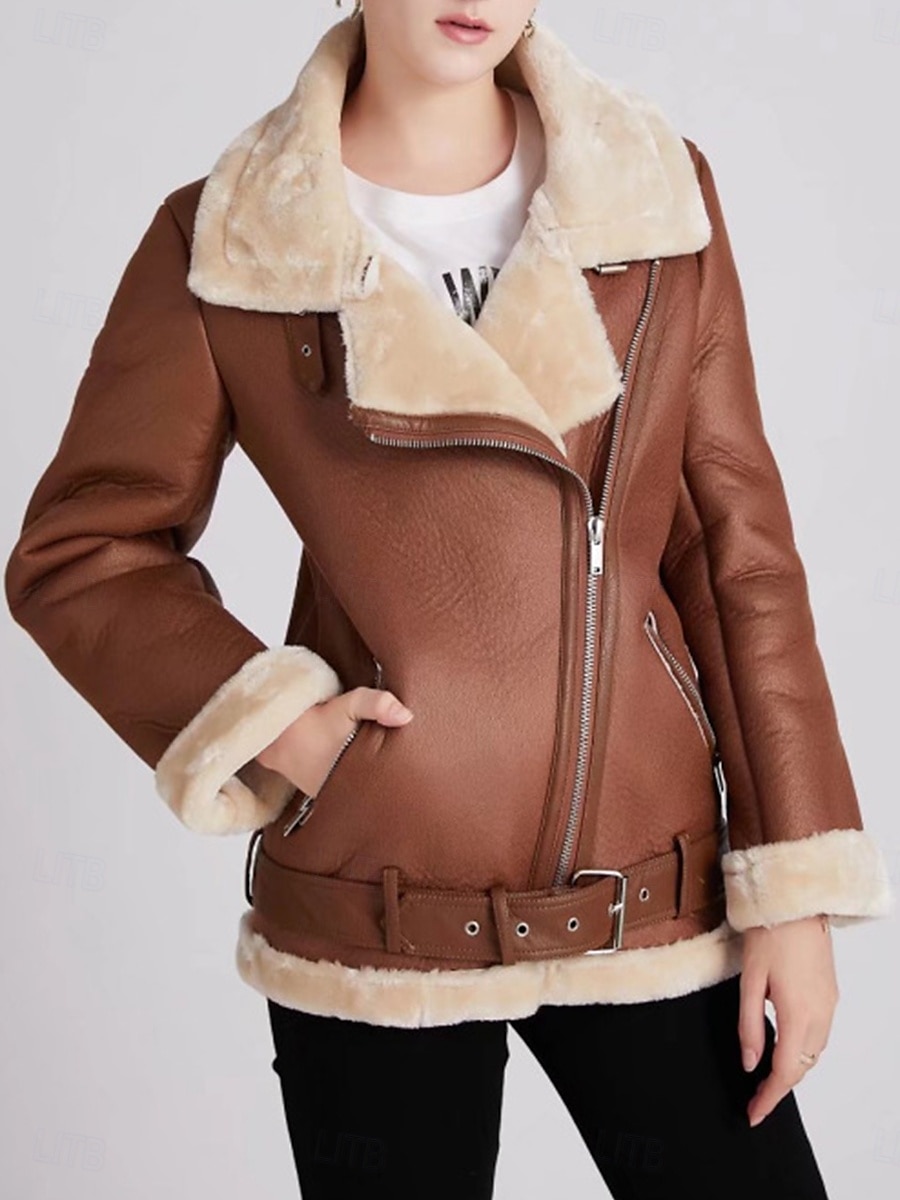 Damen Lederjacke Kunstlederjacke Wintermantel Winterjacke Windundurchlässig warm halten Patchwork Modisch Feste Farbe Strasse Casual Standard Umlegekragen Regular Fit Langarm Oberbekleidung Schwarz 2025 - $104.99 –P3