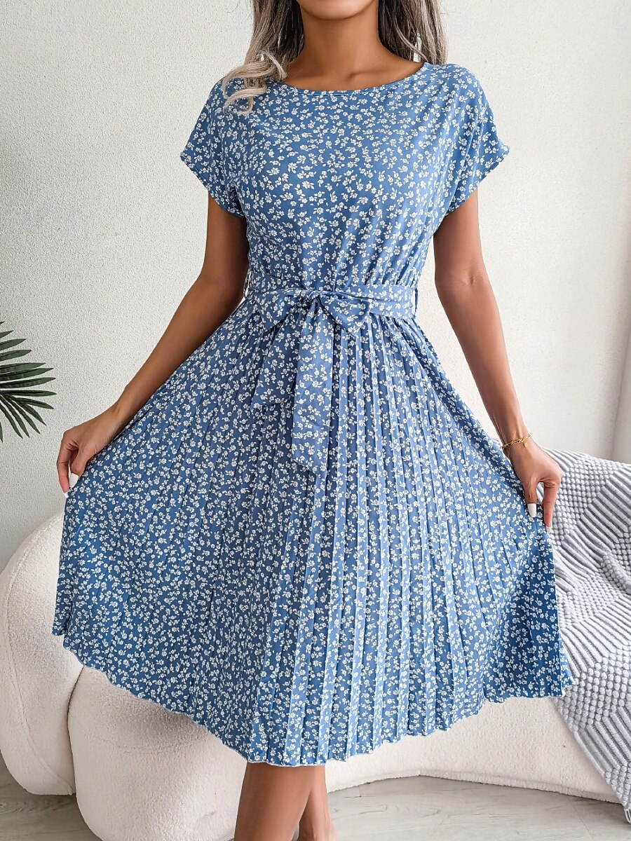 Women's Midi Dress Casual Dress A Line Dress Stylish Casual Vacation Daily Regular Fit Floral Short Sleeve Crew Neck Pink Light Blue Summer Spring 2025 - $36.99 –P3