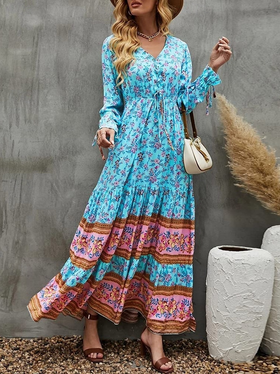 Damen Maxidress Casual kleid Schaukelkleid Langärmliges Boho-Kleid A Linie Kleid Böhmen Brautkleider schlicht Urlaub Täglich Regular Fit Blumen Langarm V Ausschnitt Gelb Rosa Blau Frühling Herbst 2025 - $38.99 –P1