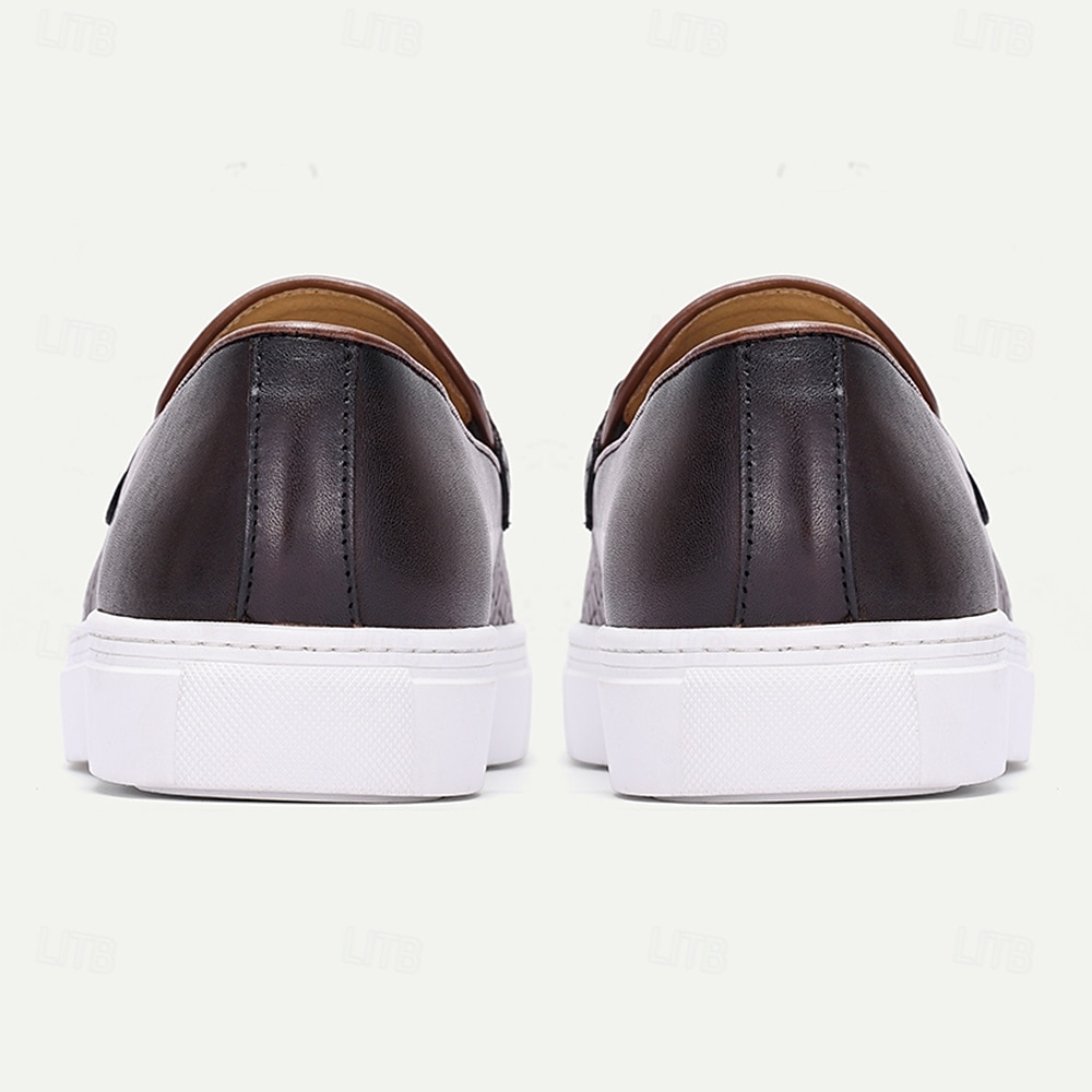 Men's Premium Cowhide Slip-On Sneakers with Woven Leather Design, Tassel and Gold Chain Detail, Casual and Stylish for Everyday Wear 2026 - $99.99 –P4