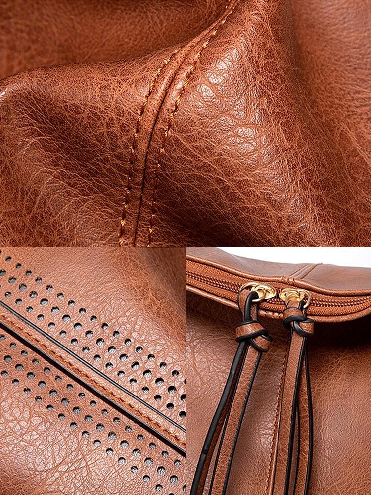 luffarväska i konstläder för kvinnor med matchande plånbok, axelväska i bohemisk stil med perforerad design, perfekt för vardagligt och vardagsbruk svart brun grå 2025 - $54.99 –P5