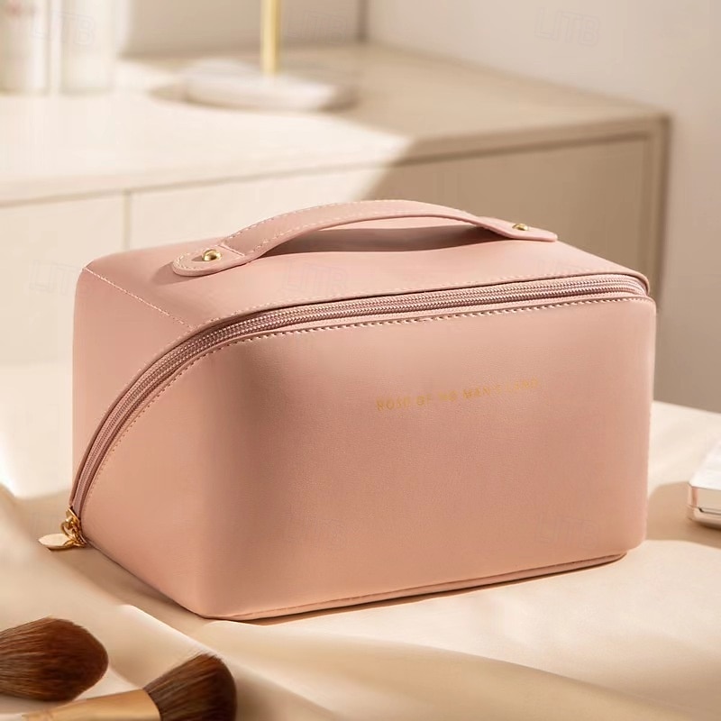 Grote capaciteit reissieraden cosmetische tas, modieuze PU lederen make-up organizer, draagbare toilettas met handvat voor reizen en opslag 2025 - $4.99 –P9