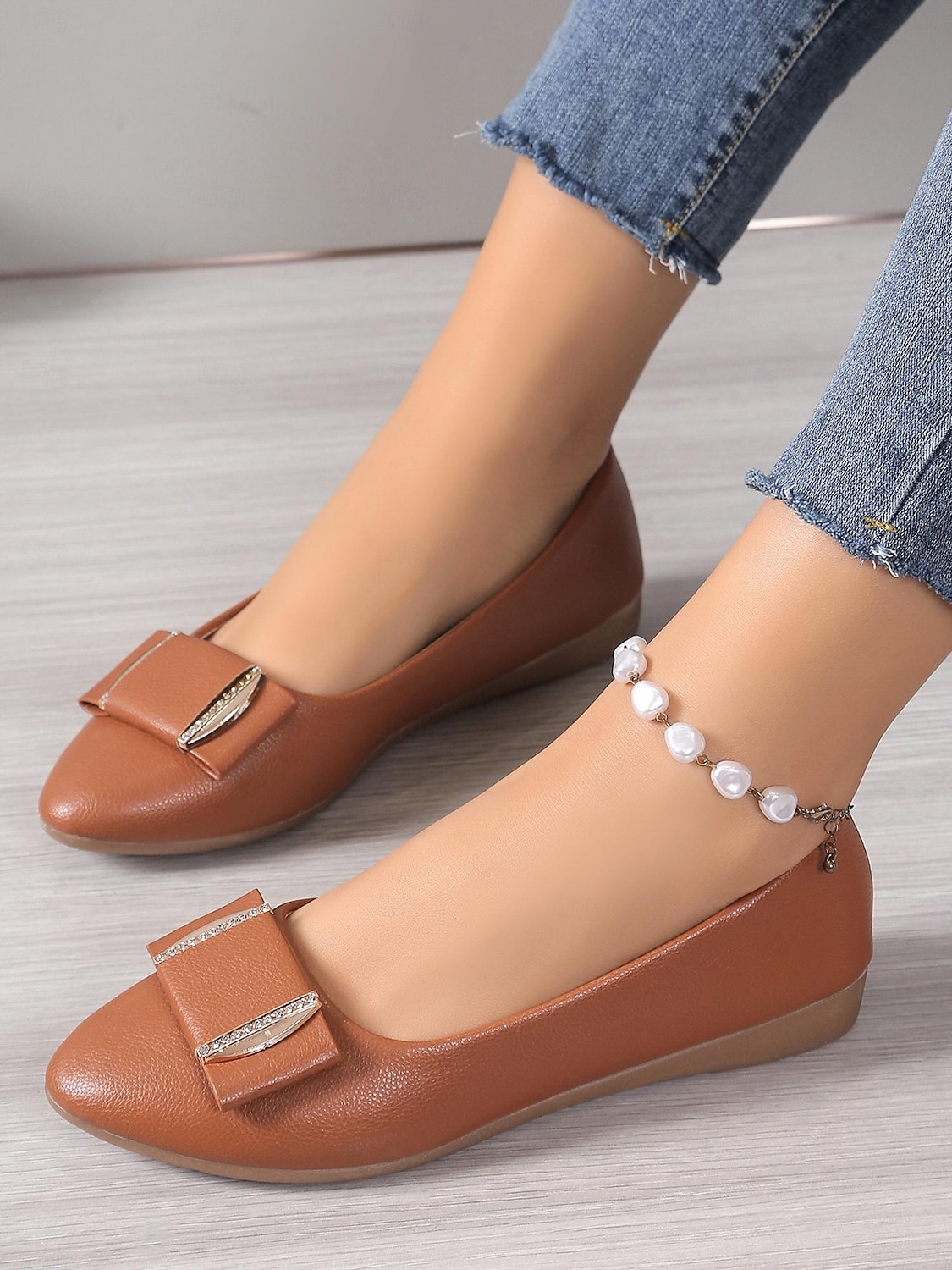 Women's Brown Faux Leather Pointed-Toe Flats with Bow and Rhinestone Detailing - Casual and Office Wear Shoes 2025 - $19.99 –P3