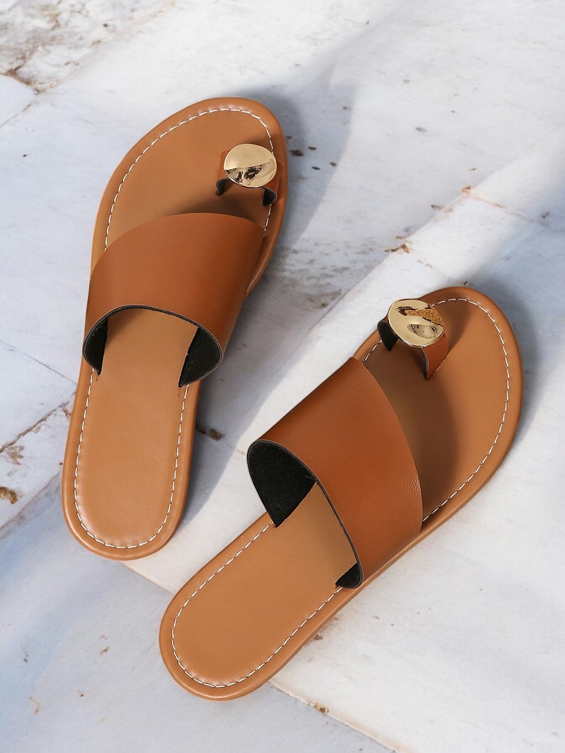 Women's Brown Slip-On Toe Ring Sandals with Gold Accent, Minimalist Flat Slides for Casual Summer and Beach Wear 2025 - $19.99 –P1