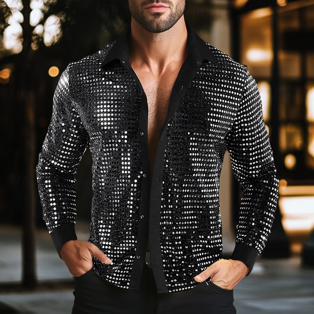 Herr Skjorta Balskjorta Disco skjorta Silver Svart Guld Långärmad Paljett Krage Prestanda Festkvällskläder Paljetter Kläder Mode Ledigt 2025 - $23.99 –P5