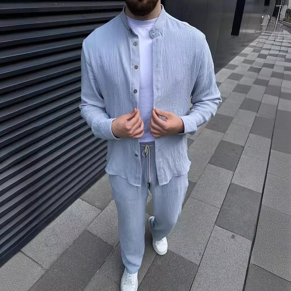 Herr 2 delar Skjorta set Matchande set Casual skjorta Knapp upp skjorta Svart Vit Blå Grön Khaki grön Långärmad Slät Bandkrage Semester Dagligen Kläder Mode Ledigt 2025 - $45.99 –P4