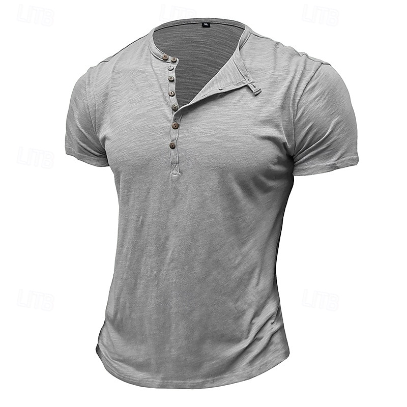 100%Cotton Men's T Shirt Henley Shirt Tee Short Sleeve Shirt Tee Top Plain Vintage Designer Basic Button Up Henley Vacation Street Casual Daily Spring Summer Black White Light Green Henley T-Shirt 2025 - $20.99 –P9