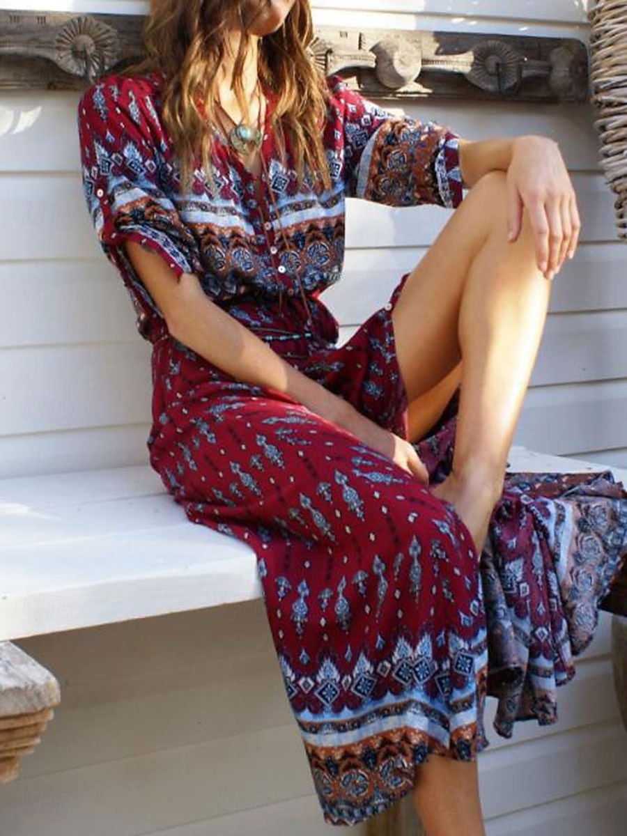 Women's Maxi Dress Casual Dress Boho Chic Dresses Boho Dress Bohemia Cute Stylish Vacation Daily Beach Loose Fit Graphic 3/4 Length Sleeve V Neck Black Wine Blue Summer Spring Fall 2025 - $31.99 –P2