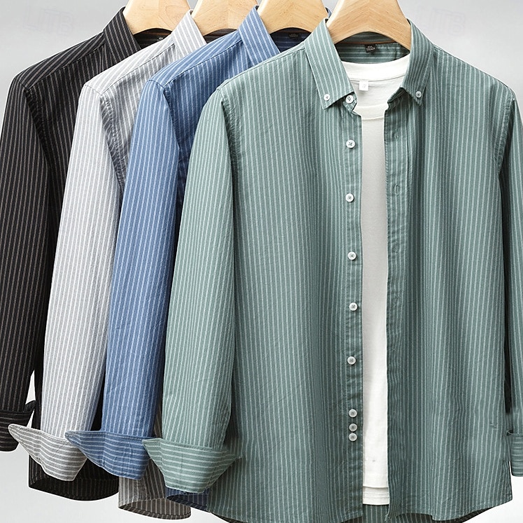 Per uomo Camicia a righe Nero Blu Verde Grigio chiaro Manica Lunga A righe Colletto a Camicia Scuola Matrimonio Abbigliamento 100% Cotone Vacanza Vintage Neutro Moda del 2025 a $26.99 –P8
