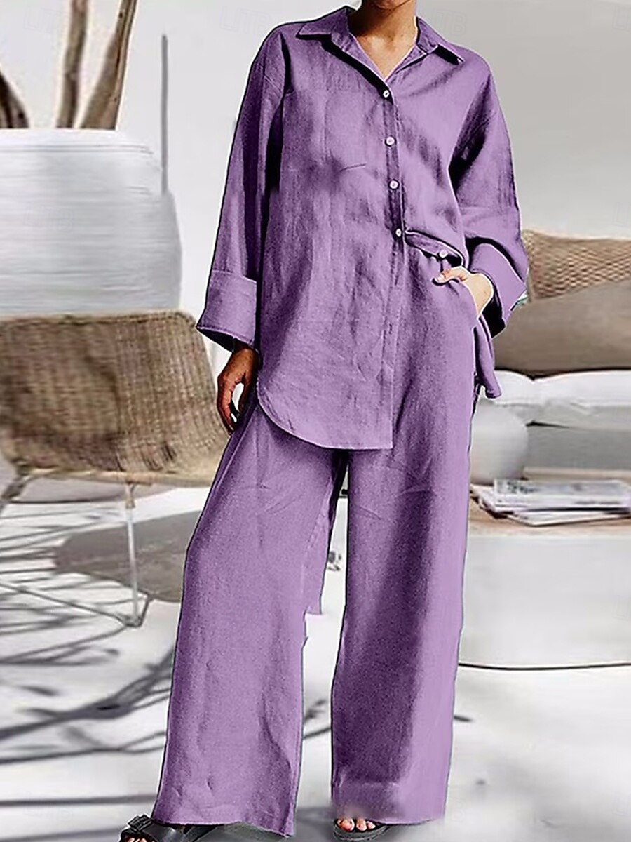 Pentru femei Zilnic Cămașă Seturi inspirate de in Seturi din două piese Pantaloni cu picioare largi Pantaloni Manșon Lung Guler Cămașă Culoare solidă Peteci În aer liber Mov Kaki Bej Primăvară 2025 - $36.99 –P3