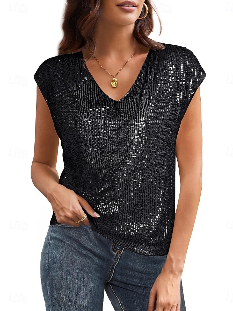 Damen Spaghetti-Top einfarbig Basic lässig ärmellos V-Ausschnitt reguläre Tops täglichen Pailletten Schwarz Wein Sommer Frühling 2025 - $17.49 –P1