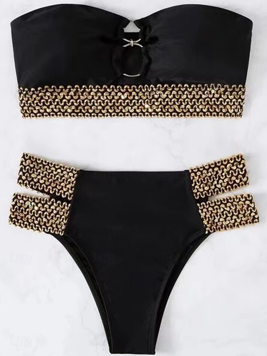 Dam Badkläder Bikini 2 st Kaxig Baddräkt Öppen rygg Smal Semester Standkläder Geometrisk Axelbandslös Ärmlös Baddräkter 2025 - $29.99 –P2
