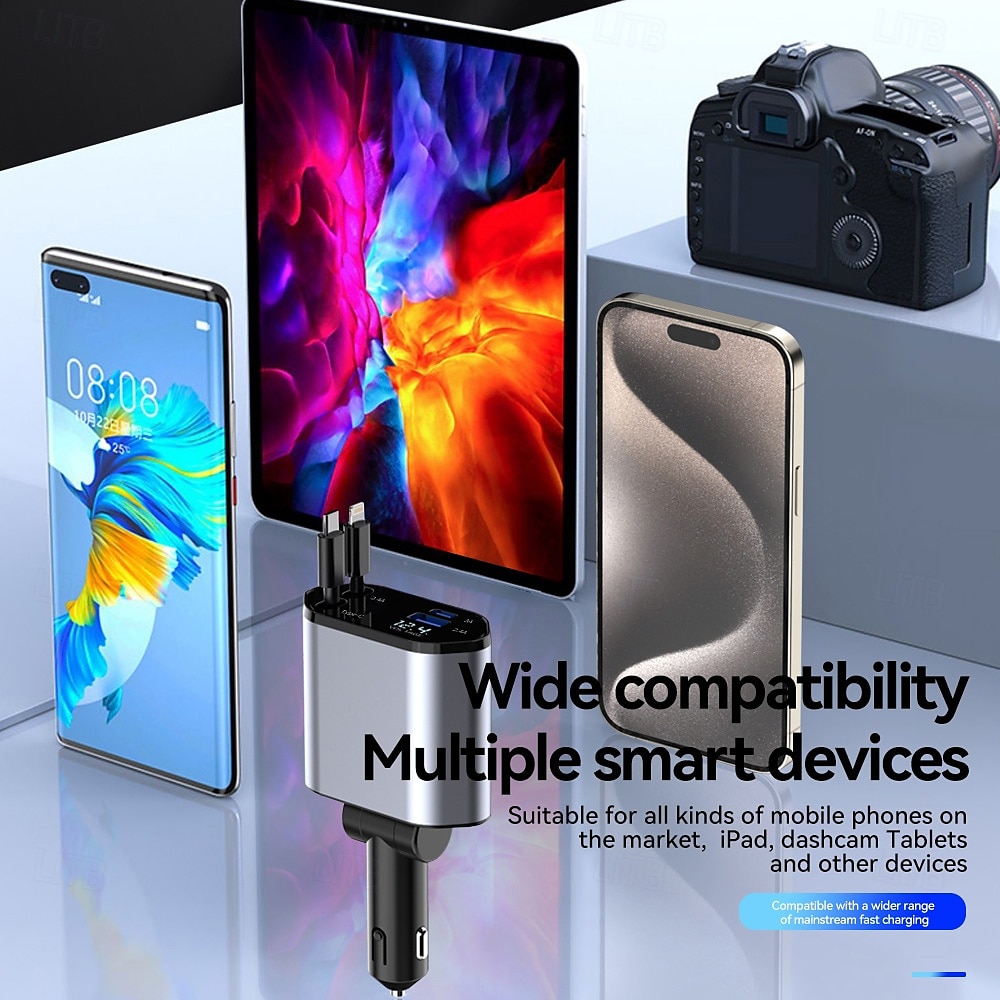 Car Charger 4 in 1 100W Car Charger Dual Retractable Type C Cables and 2 USB Ports Car Charger Compatible 2025 - $26.99 –P5