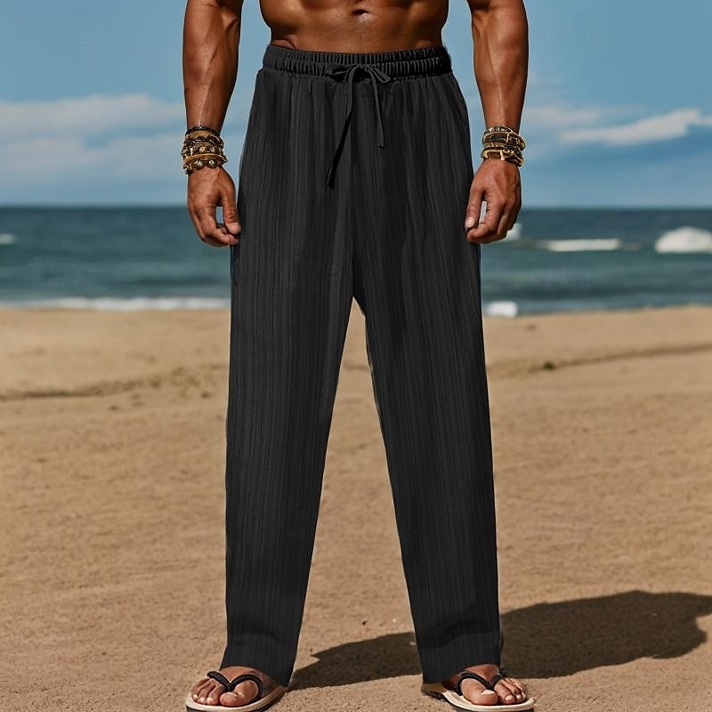 Herr Linne Byxor Långbyxor Sommarbyxor Strandbyxor Snörning Elastisk midja Rakt ben Slät Komfort Andningsfunktion Fullängd Dagligen Helgdag Strand Semester Mode Svart Vit 2025 - $20.99 –P10