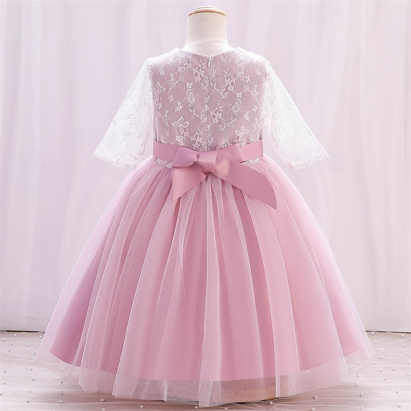 Blomsterpikekjole Barn Jente Prinsesse kjole Ytelse Bryllup Fest Elegant Vakker Netting Helfarge Kortermet Crew-hals Rosa 4 år + 2025 - $38.99 –P3