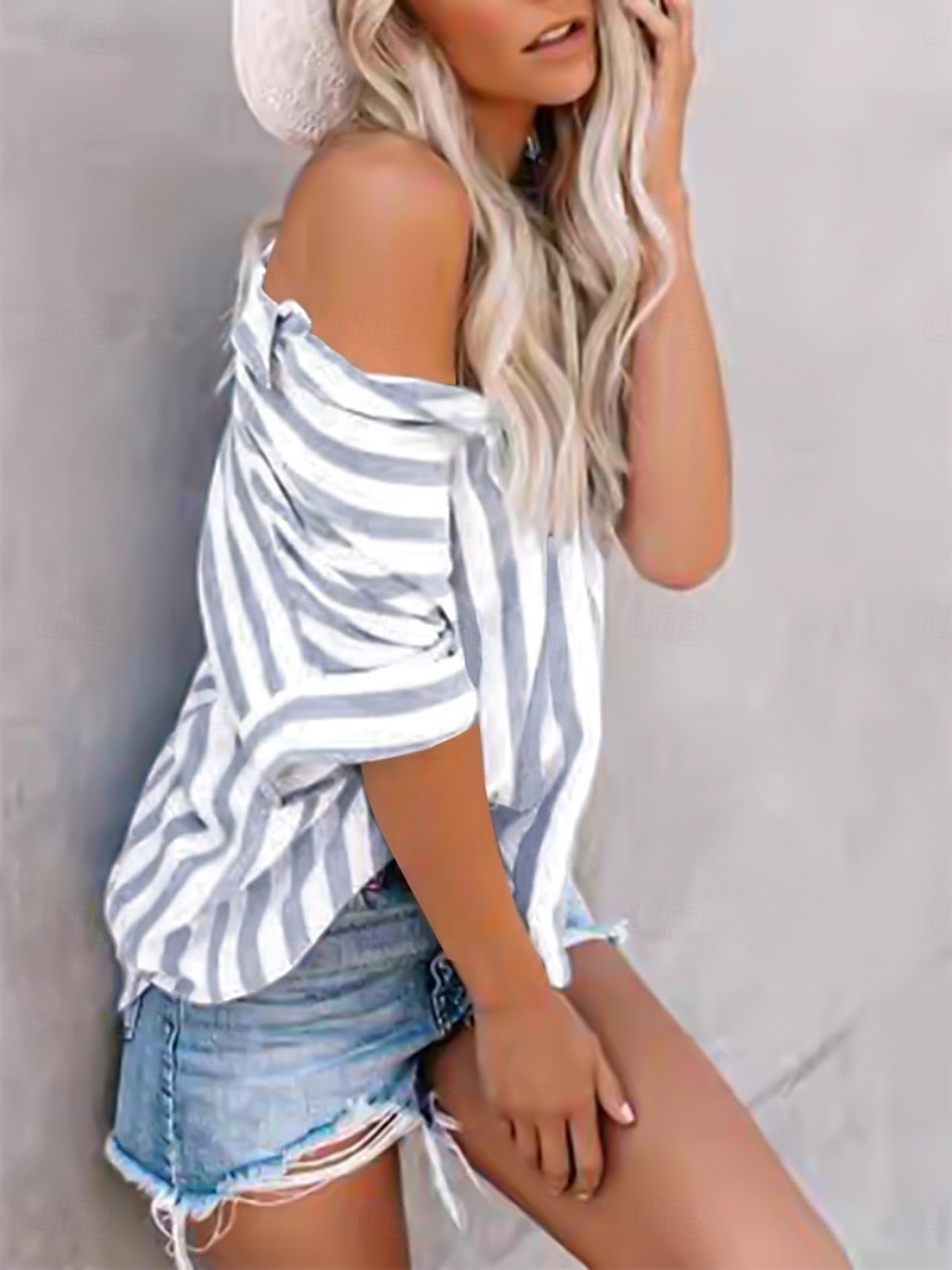Women's Shirt Blouse Striped Casual Short Sleeve Shirt Collar Regular Tops Daily Buttons Print Blue Gray Summer Spring 2025 - $28.99 –P7